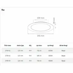 İNOLED 2709-01 9W YUVARLAK SIVA ALTI LED PANEL (BEYAZ-6500K)