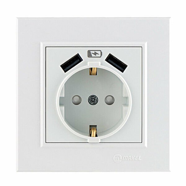 MAKEL Usb Şarj Prizi + Topraklı İkili Beyaz Karea
